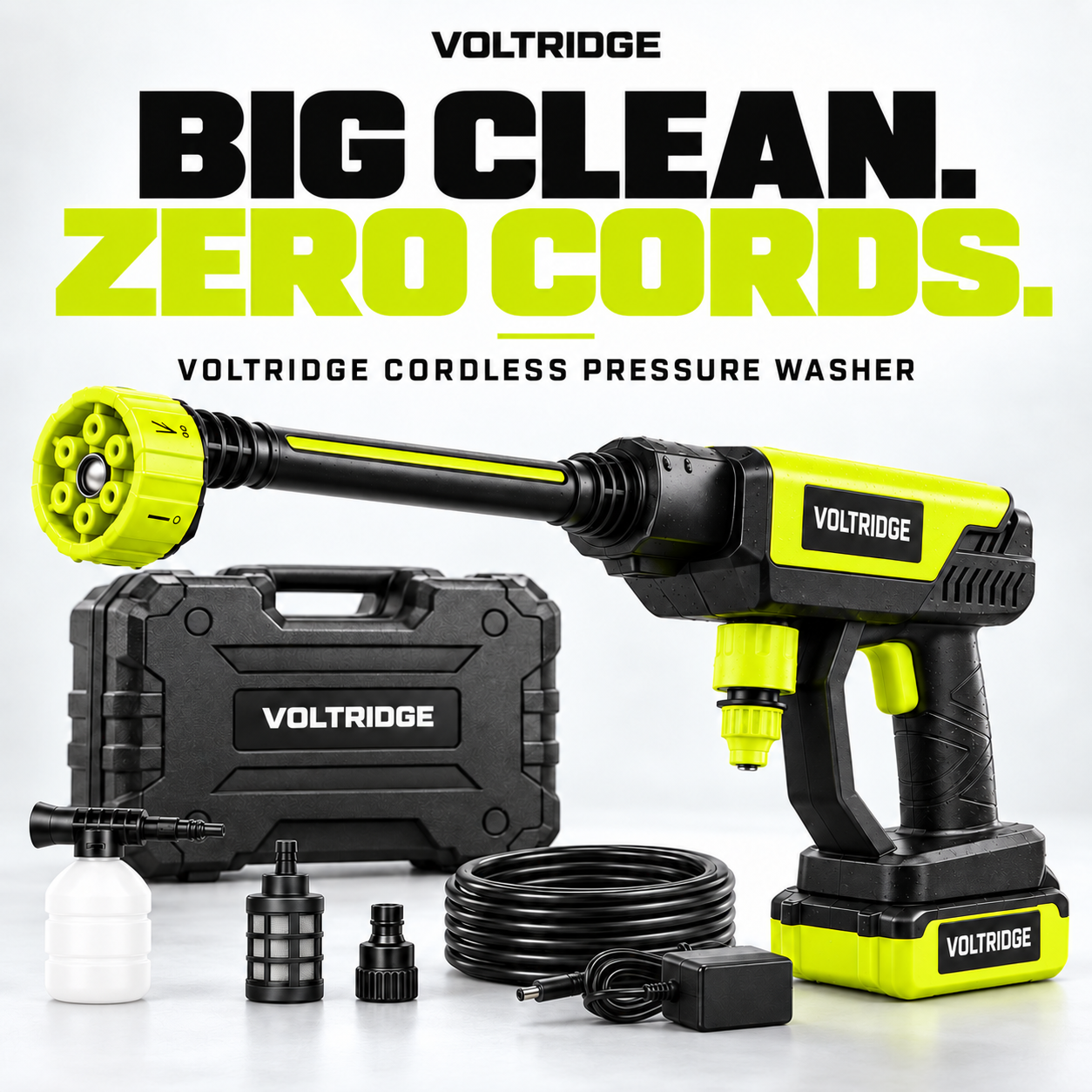 VoltRidge cordless washer in lime green and black, with battery and multi-function nozzle