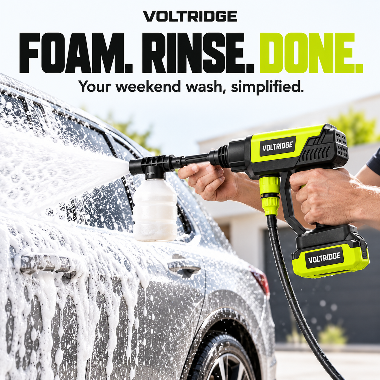 VoltRidge foam bottle applying cleaning solution to a car